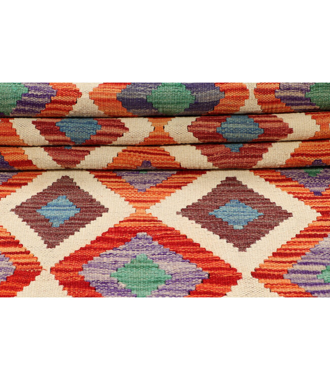Handwoven Kilim Runner – Diamond Pattern in Rust, Green & Purple | Tribal Wool Rug 248x88 cm
