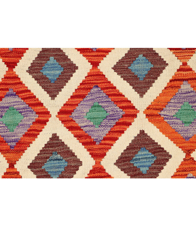 Handgeweven Kelim Loper – Diamantpatroon in Roest, Groen & Paars | Tribale Wollen Vloerkleed 248x88 cm