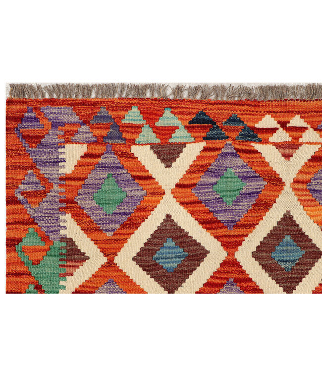 Handgeweven Kelim Loper – Diamantpatroon in Roest, Groen & Paars | Tribale Wollen Vloerkleed 248x88 cm