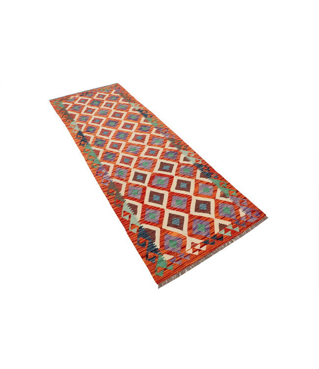 Handgewebter Kelim Läufer – Diamantmuster in Rost, Grün & Lila | Tribal Wollteppich 248x88 cm