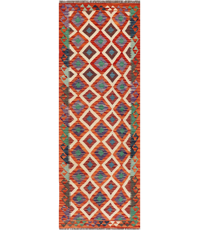 Handgeweven Kelim Loper – Diamantpatroon in Roest, Groen & Paars | Tribale Wollen Vloerkleed 248x88 cm