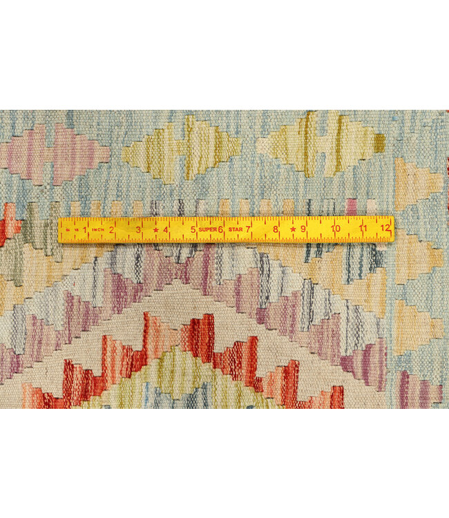 Handgewebter Boho-Kelim Teppich – Geometrisches Muster – 246x81 cm – Vintage Pastell Läufer