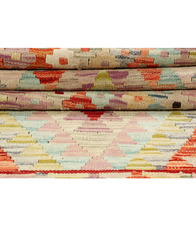 Handwoven Bohemian Kilim Rug – Geometric Pattern – 246x81 cm – Vintage Pastel Runner