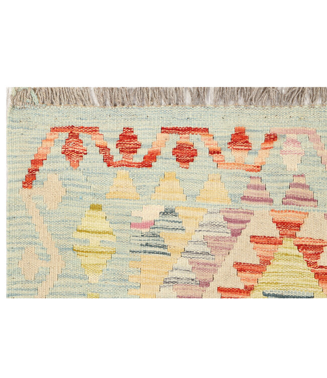 Handgeweven Boheemse Kilim Vloerkleed – Geometrisch Patroon – 246x81 cm – Vintage Pastel Loper