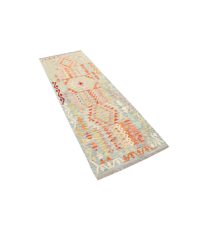 Handgeweven Boheemse Kilim Vloerkleed – Geometrisch Patroon – 246x81 cm – Vintage Pastel Loper
