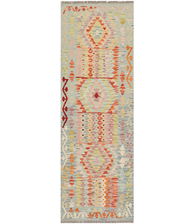 Handgeweven Boheemse Kilim Vloerkleed – Geometrisch Patroon – 246x81 cm – Vintage Pastel Loper