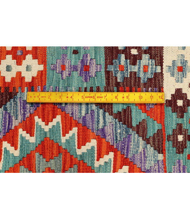 Handgewebter Tribal-Kelim Teppich – Buntes Geometrisches Muster – 267x85 cm – Ethnischer Woll-Läufer