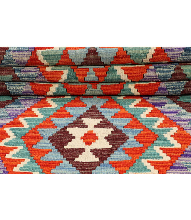 Handwoven Tribal Kilim Rug – Multicolor Geometric Pattern – 267x85 cm – Ethnic Wool Runner