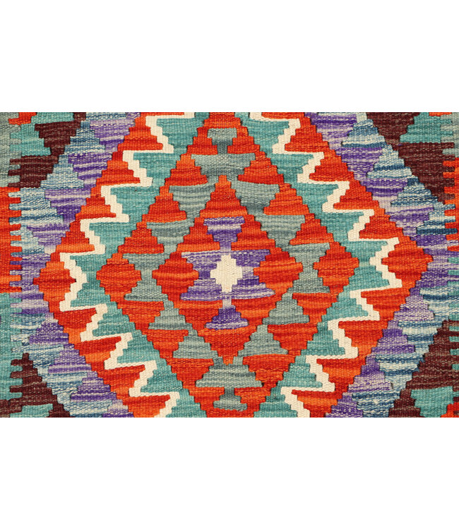 Handgeweven Tribale Kilim Vloerkleed – Multicolor Geometrisch Patroon – 267x85 cm – Etnische Wol Loper