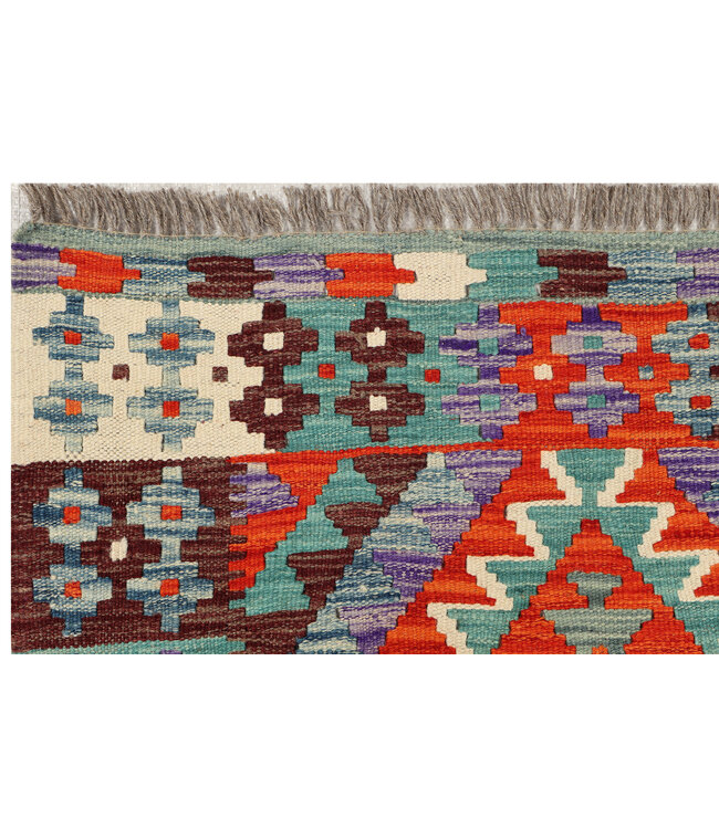 Handwoven Tribal Kilim Rug – Multicolor Geometric Pattern – 267x85 cm – Ethnic Wool Runner