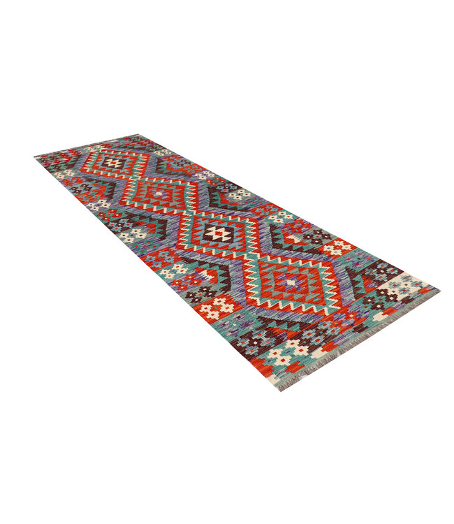 Handwoven Tribal Kilim Rug – Multicolor Geometric Pattern – 267x85 cm – Ethnic Wool Runner