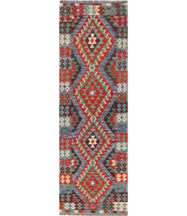 Handwoven Tribal Kilim Rug – Multicolor Geometric Pattern – 267x85 cm – Ethnic Wool Runner
