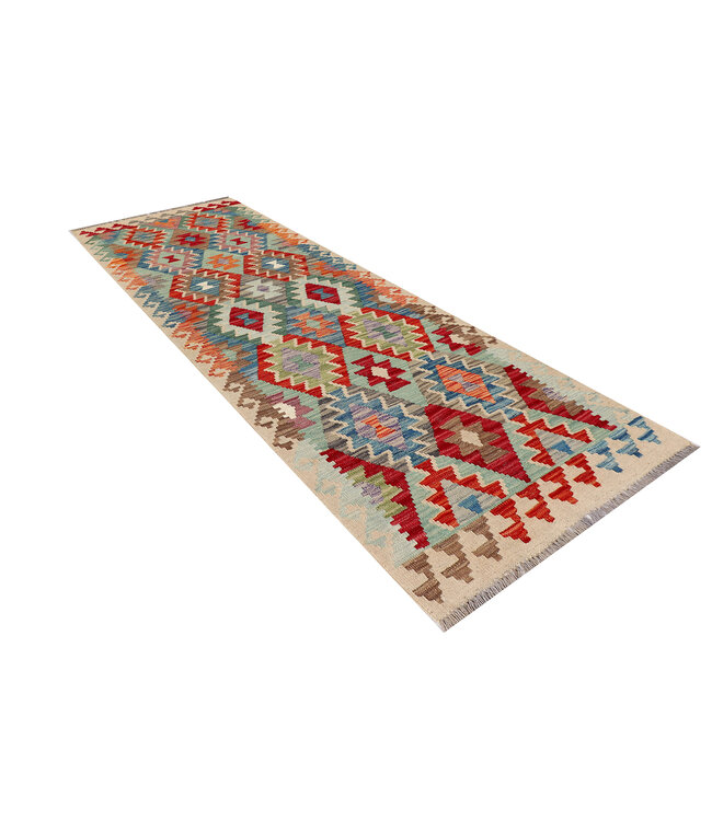 Handgeweven Kilim Loper – Tribaal Diamantpatroon – 240x83 cm – Multicolor Wollen Vloerkleed