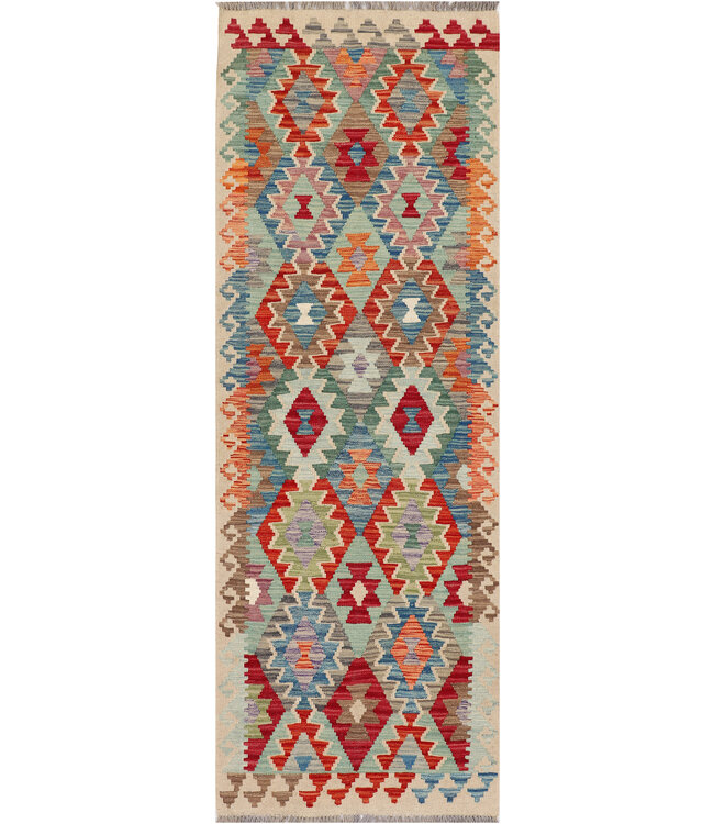 Handgewebter Kilim Läufer – Tribal-Diamantmuster – 240x83 cm – Bunter Wollteppich