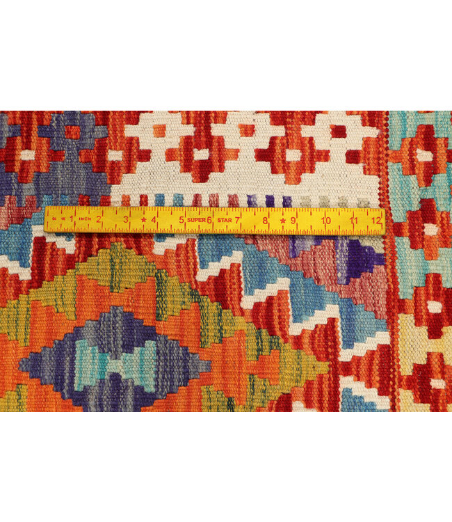 Handgeweven Tribale Kilim Loper – Levendig Multicolor Diamantpatroon – 252x86 cm – Wollen Vloerkleed