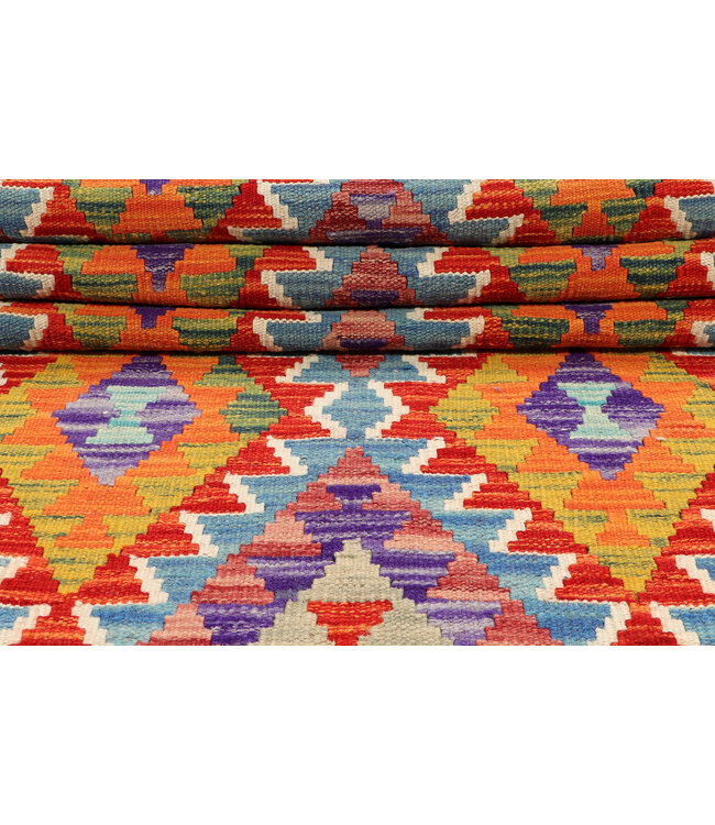 Handgeweven Tribale Kilim Loper – Levendig Multicolor Diamantpatroon – 252x86 cm – Wollen Vloerkleed