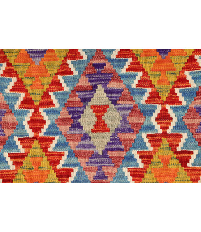 Handwoven Tribal Kilim Runner – Vibrant Multicolor Diamond Pattern – 252x86 cm – Wool Flatweave Rug