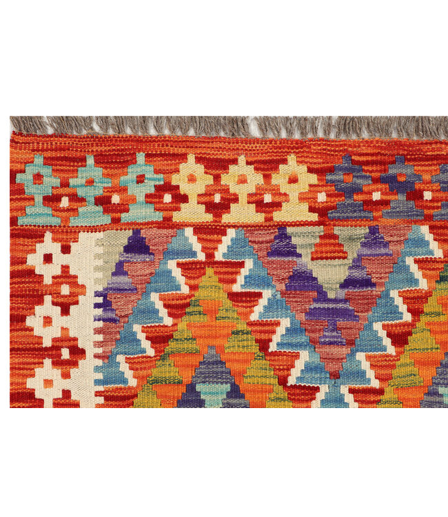 Handgeweven Tribale Kilim Loper – Levendig Multicolor Diamantpatroon – 252x86 cm – Wollen Vloerkleed