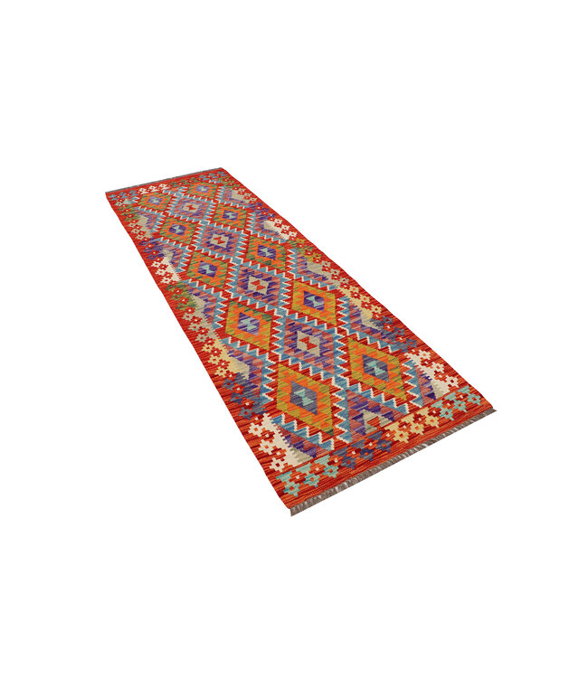 Handwoven Tribal Kilim Runner – Vibrant Multicolor Diamond Pattern – 252x86 cm – Wool Flatweave Rug