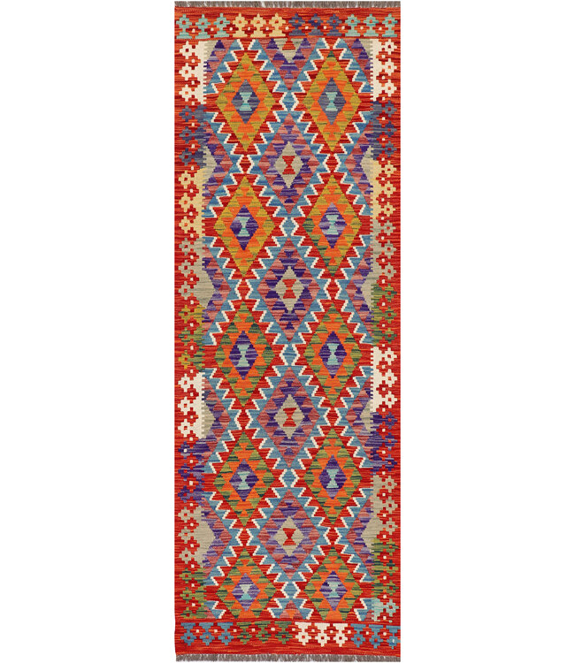 Handwoven Tribal Kilim Runner – Vibrant Multicolor Diamond Pattern – 252x86 cm – Wool Flatweave Rug