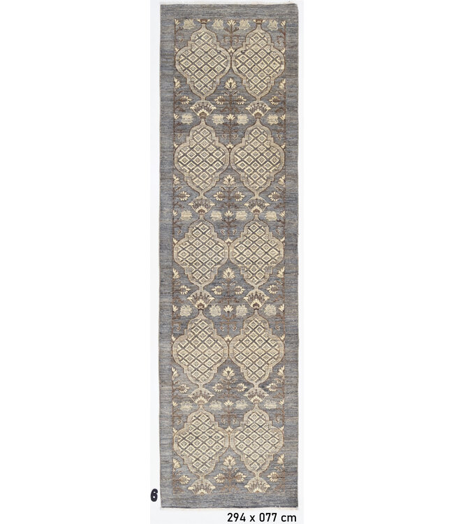 Grauer Ziegler Teppich - Handgeknüpft aus Wolle - 294x77 cm