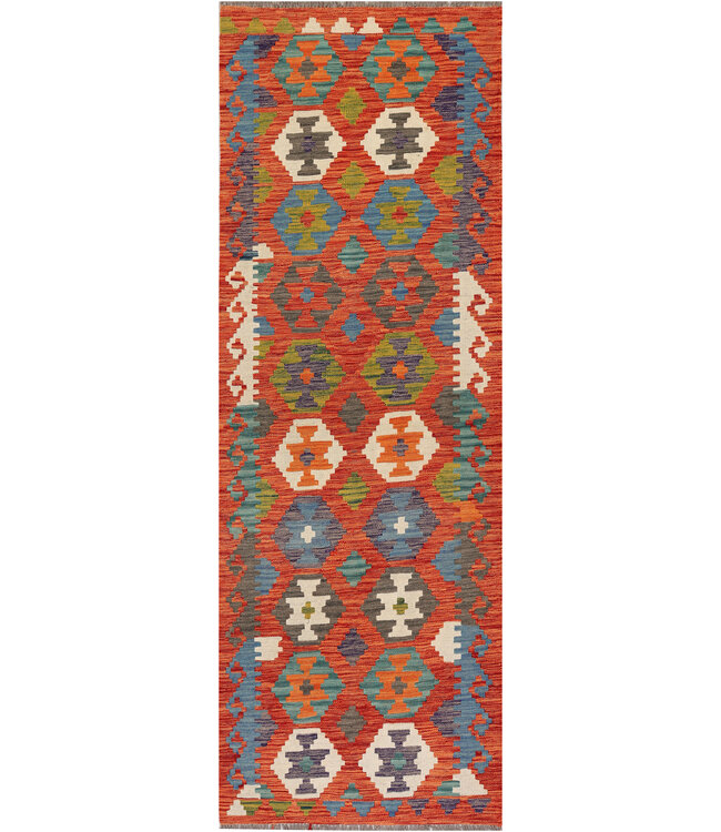 Handwoven Afghan Kilim Runner Rug – Bold Tribal Pattern – 249x85 cm – Multicolor Wool Flatweave