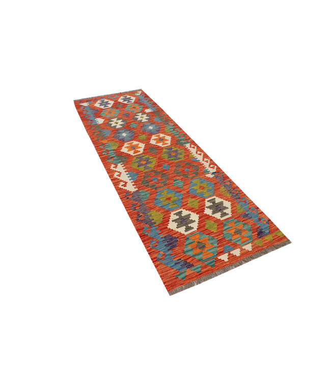 Handgeweven Afghaanse Kilim Loper – Gedurfd Tribaal Patroon – 249x85 cm – Multicolor Wollen Vloerkleed
