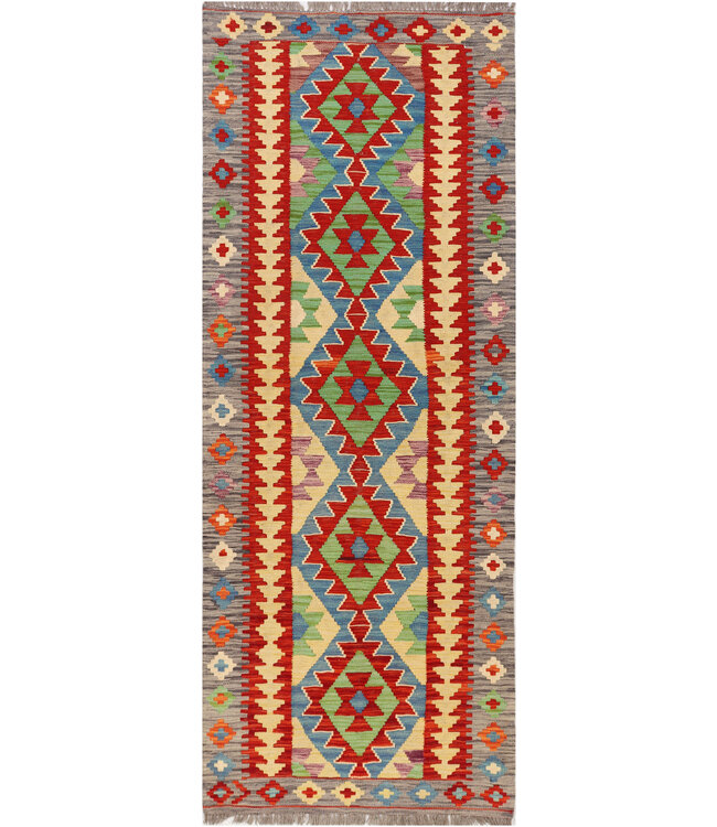 Handwoven Kilim Wool Rug – Tribal Geometric Pattern – 221x84 cm