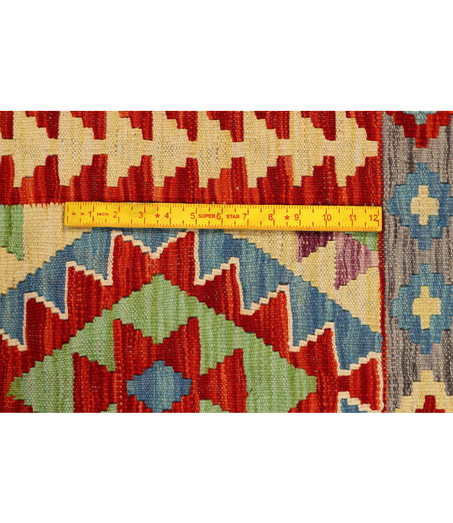 Handgeweven Kilim Wollen Vloerkleed – Tribaal Geometrisch Patroon – 221x84 cm