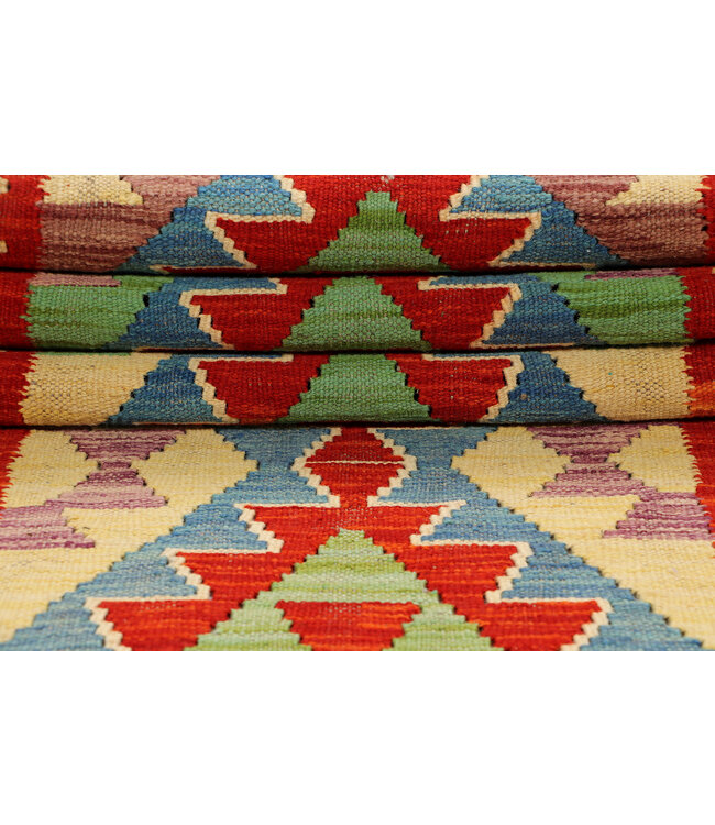 Handgewebter Kilim Wollteppich – Tribal Geometrisches Muster – 221x84 cm