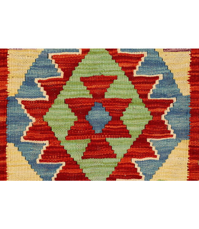Handgeweven Kilim Wollen Vloerkleed – Tribaal Geometrisch Patroon – 221x84 cm