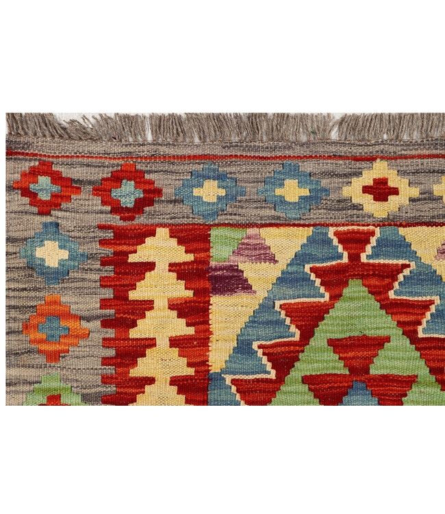 Handgeweven Kilim Wollen Vloerkleed – Tribaal Geometrisch Patroon – 221x84 cm