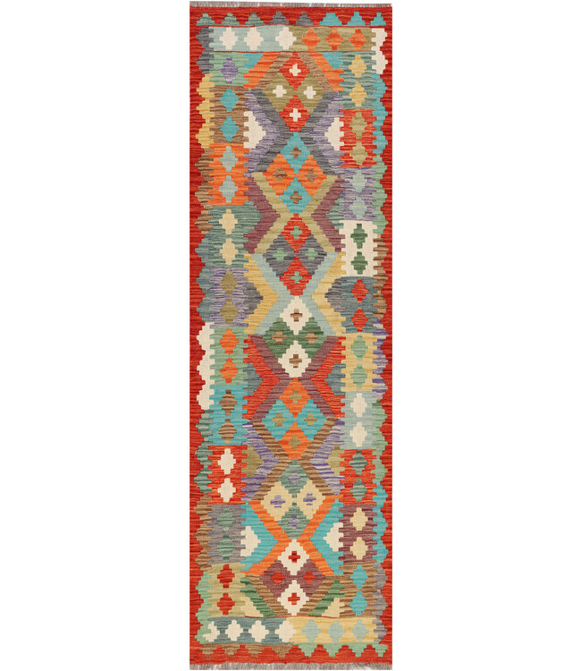 Handgeweven Kilim Loper – Geometrisch Tribaal Design – 244x74 cm – Boho Vintage Wollen Tapijt