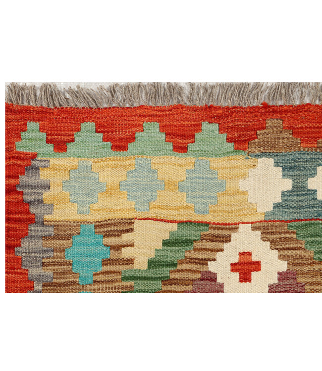 Handgewebter Kilim Läufer – Geometrisches Tribal Muster – 244x74 cm – Boho Vintage Wollteppich