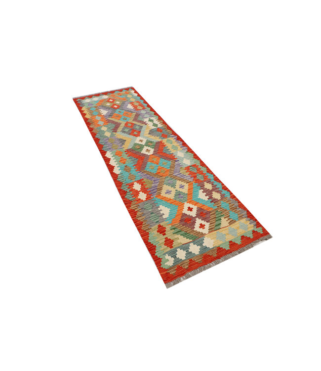 Handgewebter Kilim Läufer – Geometrisches Tribal Muster – 244x74 cm – Boho Vintage Wollteppich