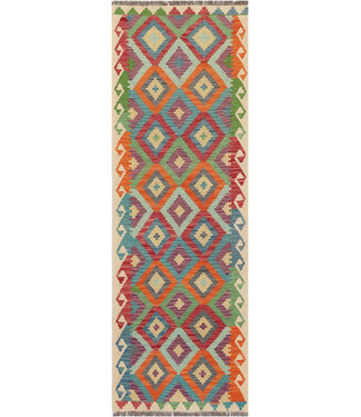 Handgefertigter Bunter Kilim-Teppich – Geometrischer Boho-Läufer – 244x80 cm Handgefertigter Bunter Kilim-Teppich – Geometrischer Boho-Läufer – 244x80 cm