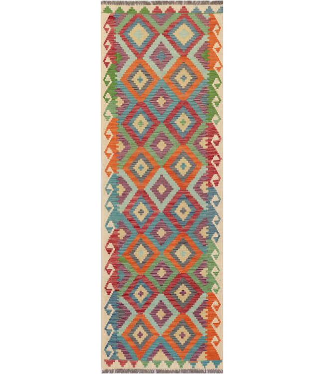 Handgemaakte Kleurrijke Kilim Vloerkleed – Geometrisch Boho Tapijt – 244x80 cm