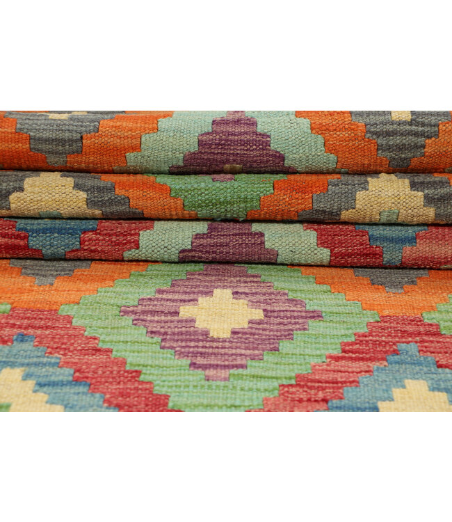 Handgemaakte Kleurrijke Kilim Vloerkleed – Geometrisch Boho Tapijt – 244x80 cm