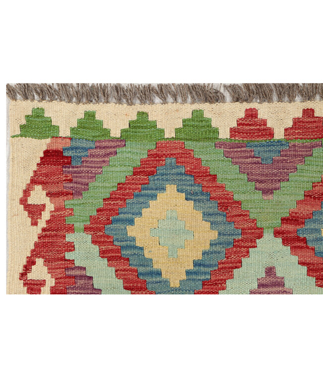 Handgemaakte Kleurrijke Kilim Vloerkleed – Geometrisch Boho Tapijt – 244x80 cm