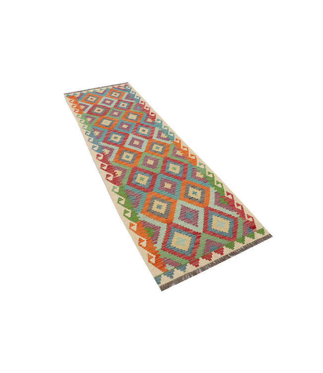 Handgefertigter Bunter Kilim-Teppich – Geometrischer Boho-Läufer – 244x80 cm