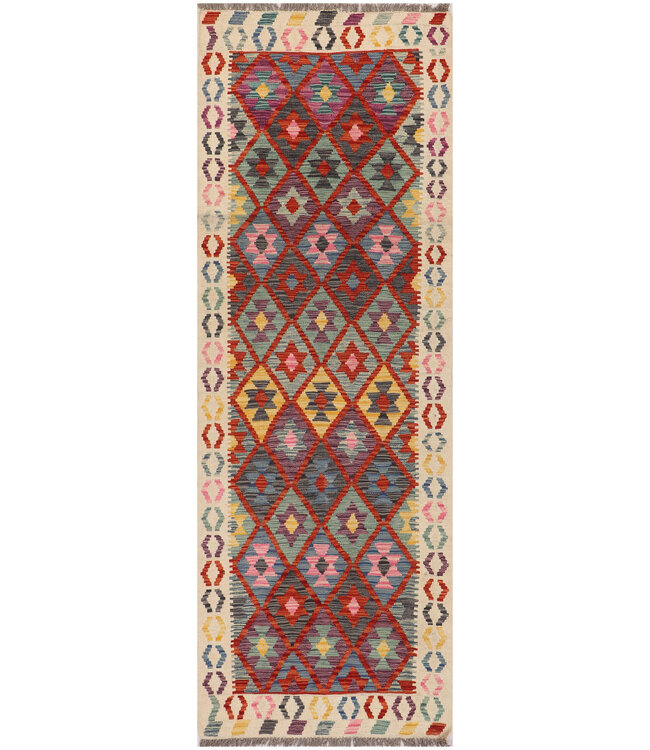 Handgefertigter Kilim-Läufer – Bunter Geometrischer Teppich – 253x87 cm