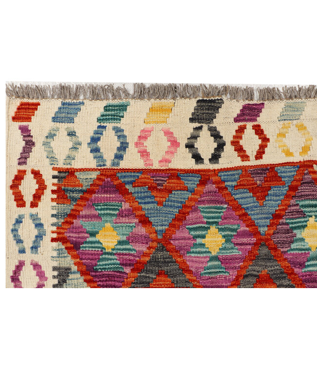 Handwoven Kilim Runner – Multicolor Geometric Rug – 253x87 cm