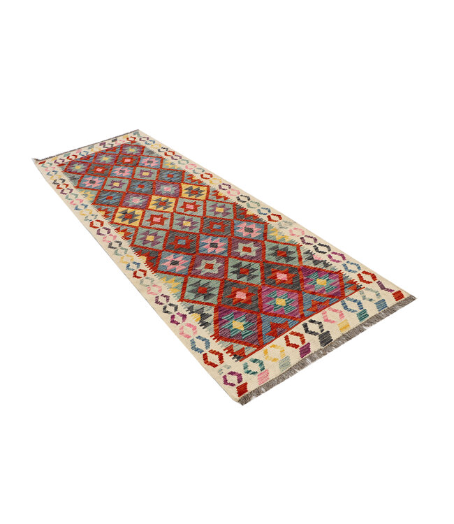 Handgefertigter Kilim-Läufer – Bunter Geometrischer Teppich – 253x87 cm