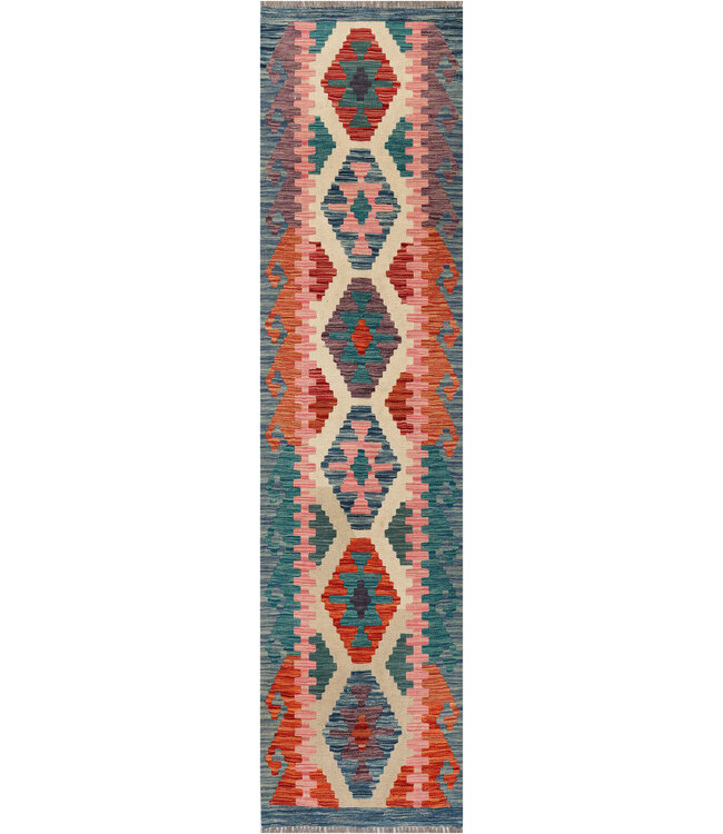Handwoven Kilim Runner – Soft Tribal Diamond Rug – 229x73 cm
