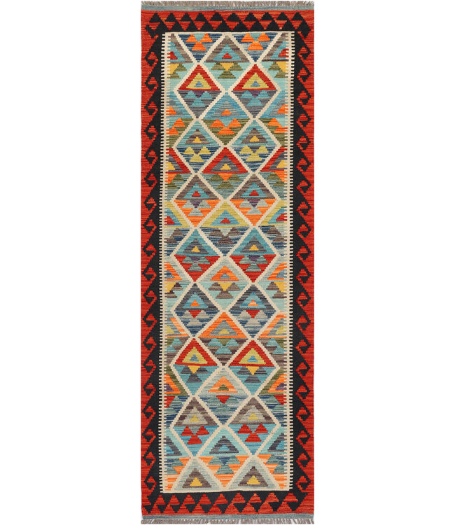 Handwoven Kilim Runner – Tribal Triangle Pattern Rug – 251x82 cm