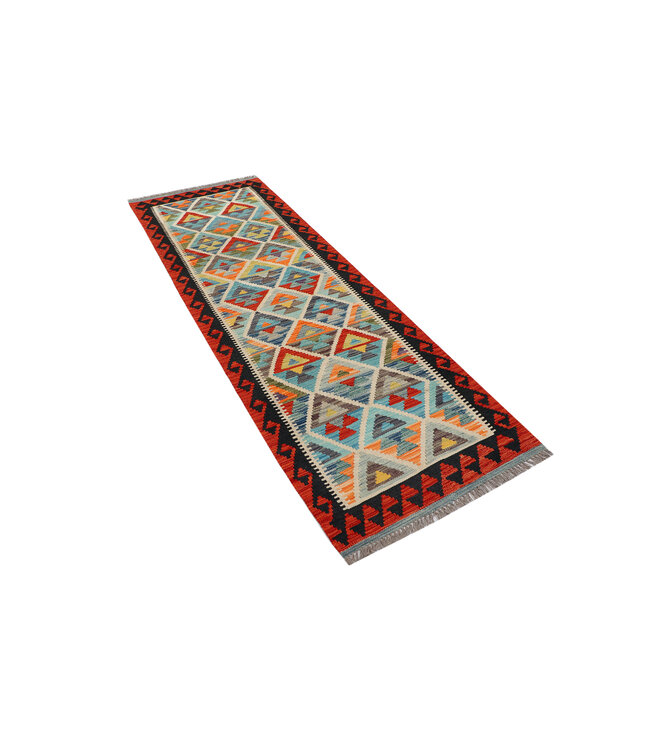 Handgeweven Kilim Loper – Tribal Driehoek Patroon Vloerkleed – 251x82 cm