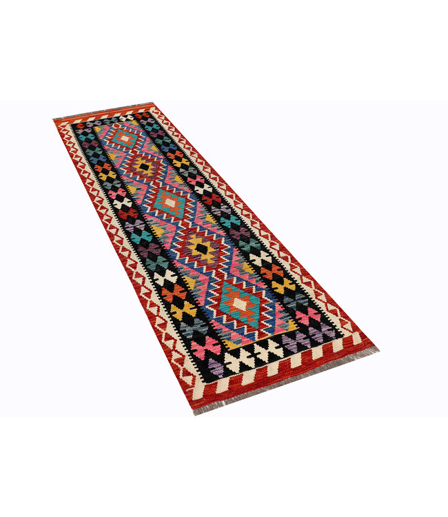 Handwoven Kilim Runner – Vibrant Tribal Diamond Pattern – 234x77 cm