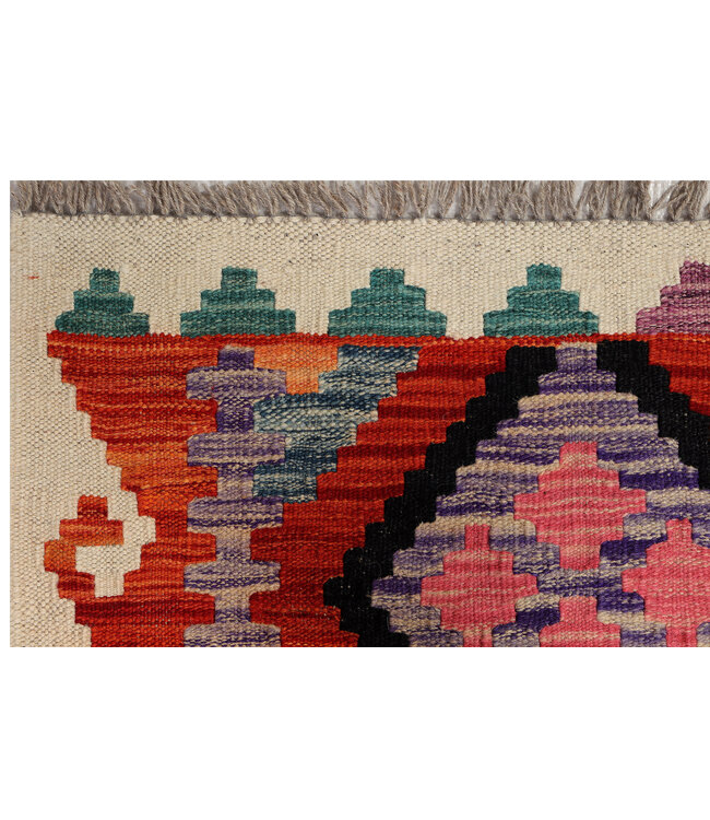Handgewebter Kilim-Läufer – Buntes Zickzack-Diamant-Muster – 247x79 cm