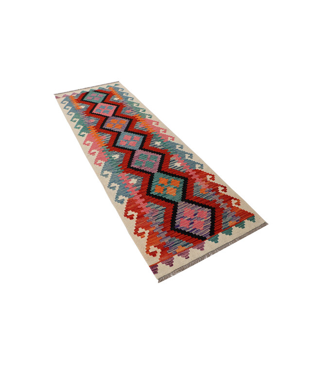 Handwoven Kilim Runner – Vibrant Zigzag Diamond Pattern – 247x79 cm