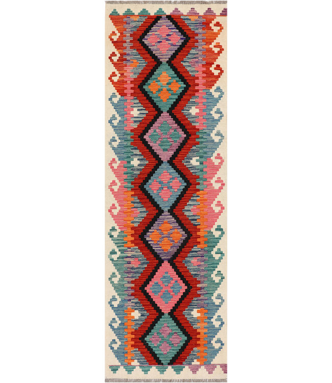 Handwoven Kilim Runner – Vibrant Zigzag Diamond Pattern – 247x79 cm